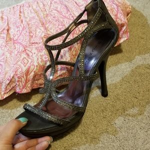 Gray rhinestone studded heels